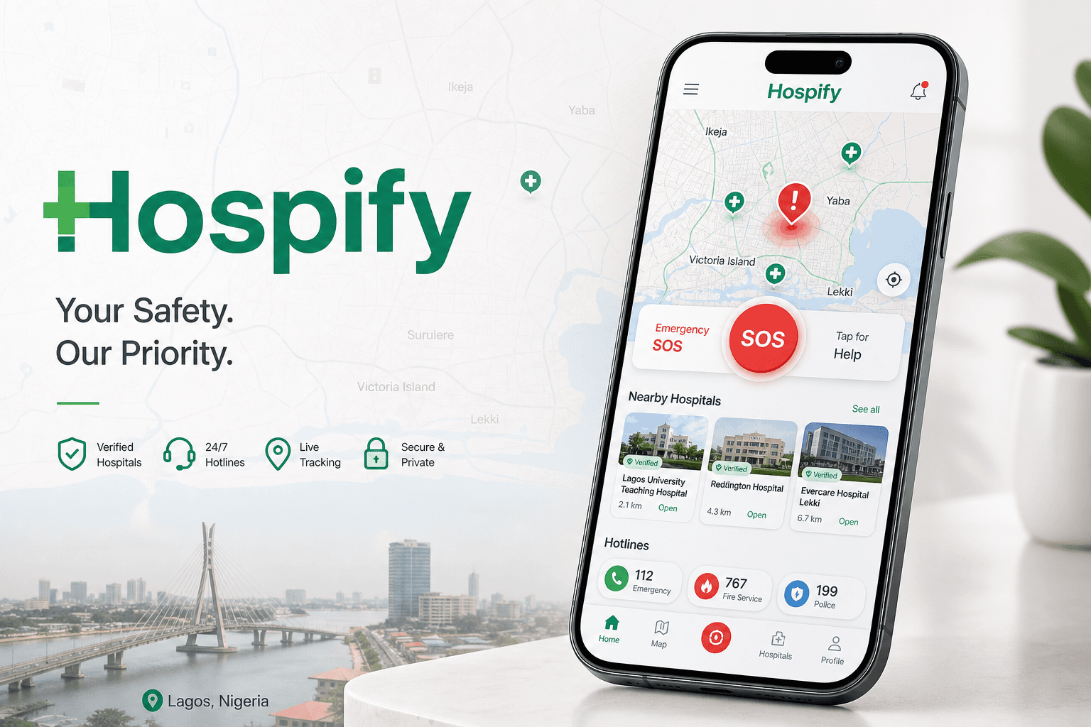 Hospify Africa mobile app showing SOS controls, incident map, hotlines, and nearby hospitals in Lagos
